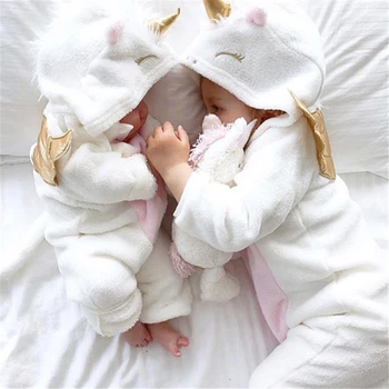 Осенне-зимняя одежда для новорожденных девочек, фланелевый теплый комбинезон с длинными рукавами и принтом Единорога, комбинезоны