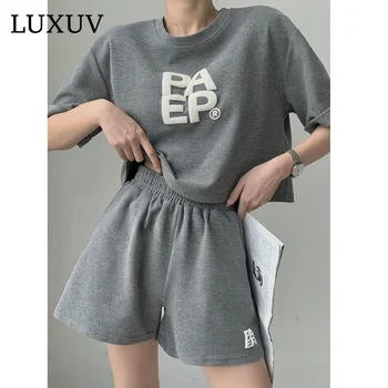 LUXUV Повседневный спортивный костюм Для женщин, Комплекты из 2 предметов, женская одежда, футболка с круглым вырезом и коротким рукавом, Байкерские шорты, Уличная женская одежда