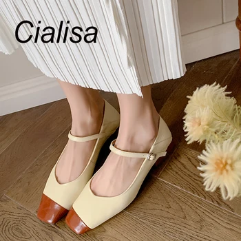 Женская обувь Cialisa из натуральной кожи с квадратным носком Модные разноцветные женские туфли-лодочки на низком каблуке с пряжкой и ремешком 2023 Новейшая обувь 40