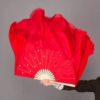 Короткая веерная вуаль с блестками, Китайская Традиционная Бамбуковая Складная Женская вуаль для танца живота ручной работы, пара 86 см, Однотонная Красная Двусторонняя
