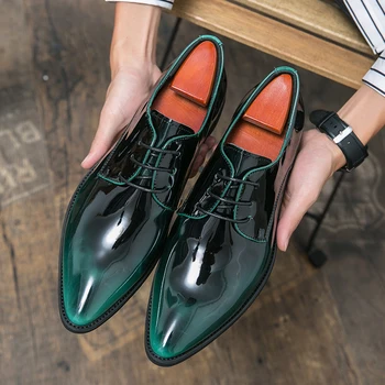 Мужские оксфорды с зеркальным отражением, Роскошная дизайнерская официальная обувь, Лакированная кожа, Остроносые туфли, Деловое платье на шнуровке, Зеленые мокасины