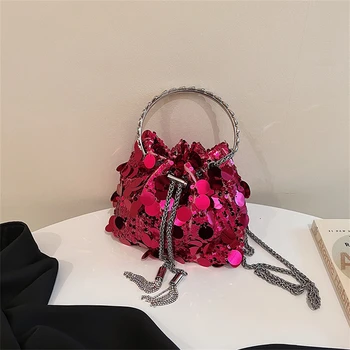 Мини-ведерко, блестящие сумки и кошельки для женщин, новинка 2024 года, роскошный дизайнерский клатч, сумки через плечо с блестками и круглой ручкой.