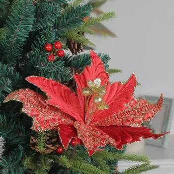 Украшение Рождественской елки Цветы для рождественской елки Искусственная Пуансеттия, ткань с блестками, потрясающий рождественский цветок в помещении /на открытом воздухе