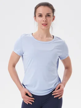 Женские повседневные спортивные рубашки с круглым вырезом, топы для бега, свободная спортивная одежда с коротким рукавом и высоким разрезом сбоку, для тренировок, Дышащая одежда для фитнеса
