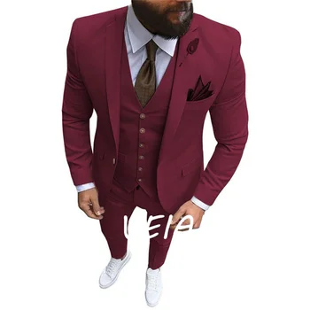 Костюмы для мужчин, Свадебный смокинг, однобортный пиджак с отворотом, брюки, жилет, вечерний приталенный костюм из трех предметов, Homme