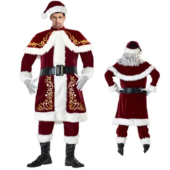 Полный комплект рождественских костюмов Санта-Клауса для взрослых, Красная рождественская одежда, Костюм Санта-Клауса, Роскошный костюм для мужчин и женщин