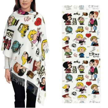 Персонажи Mafalda Шаль, Обертывания, Женский Зимний Теплый Большой Длинный шарф, Забавные Милые пашмины, шарфы с кисточками
