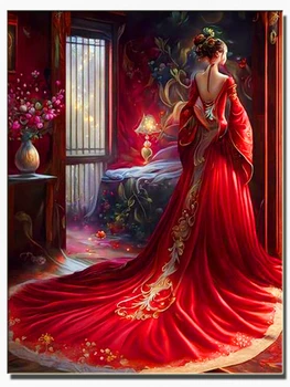 Китайский стиль 5D Алмазная живопись Красный чонсам, невеста, Полная алмазная вышивка крестиком, Мозаика, сказочная картина ручной работы A306