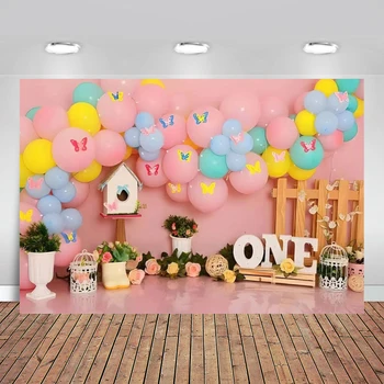 Розовые фоны для вечеринки в честь первого дня рождения девочки с воздушным шаром, Страна чудес, Цветок, бабочка, сад, принцесса, День рождения, баннер для душа новорожденного
