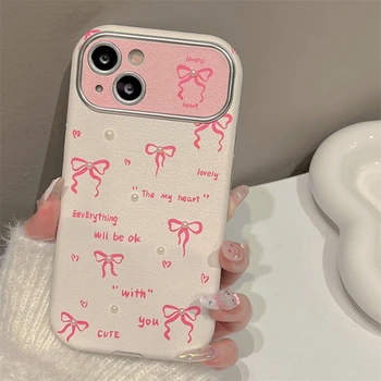 Корейский Кожаный чехол для телефона с розовым бантом и жемчугом для iPhone 15 14 12 13 11 Pro Max, Защитная мягкая Противоударная задняя крышка для девочки