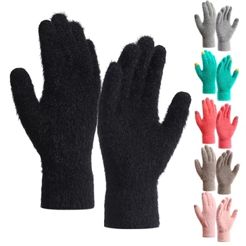 Зимние Теплые Плюшевые перчатки, женские, мужские, однотонные, с имитацией меха Норки, пушистые, с сенсорным экраном на пять пальцев, перчатки для велоспорта на открытом воздухе