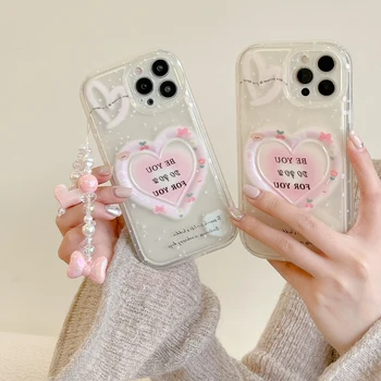 Розовый Цветочек Love Heart Вишневый Чехол для iPhone 14 13 Pro Max 12 11 Pro Plus Противоударный Силиконовый Браслет-Цепочка new productsCover