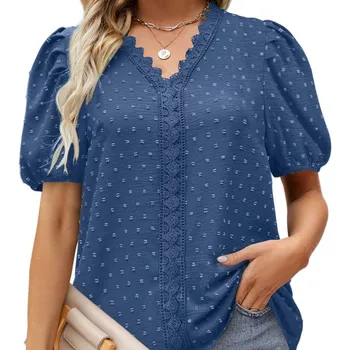 2023 Летняя Новая рубашка с короткими рукавами в горошек с кружевной вставкой, женский топ с нарисованным рукавом