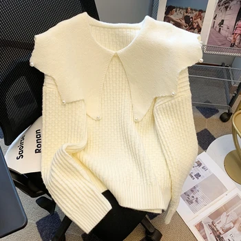 Пуловер Sweet Knitwear с вышивкой бисером, свободный простой женский популярный свитер в корейском и японском стиле, Элегантный белый вязаный топ Pull Femme