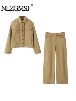 Nlzgmsj TRAF Женский комплект из 2 предметов, комплекты с длинными брюками, костюм в праздничном стиле, короткая куртка + прямые брюки с поясом, повседневные наряды