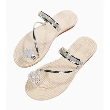 Женские сандалии на плоской подошве, нарядная летняя пляжная обувь со стразами, женская модельная обувь, модные женские сандалии