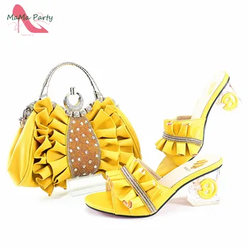 2024, итальянские свадебные туфли с открытым носком на квадратном каблуке нового дизайна и сумка желтого цвета, модные африканские тапочки для вечеринки