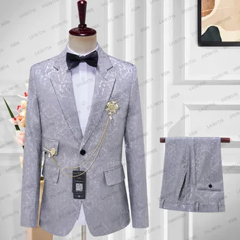 2023 Мужской костюм, комплект из 2 предметов, блейзеры, брюки, серый Жаккардовый Цветочный Классический Деловой Джентльмен, формальное свадебное платье Жениха, плюс Размер