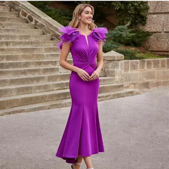 Винтажные Короткие Платья Матери Невест Из Крепа Фиолетового Цвета Асимметричной Длины 
