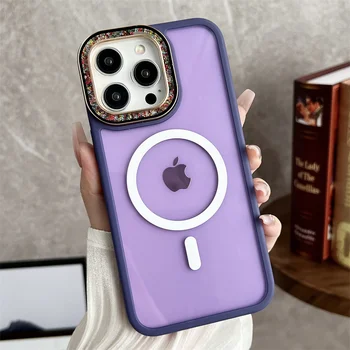 Модный магнитный чехол для iPhone 15 14 13 12 Pro Max Magsafe с покрытием из разноцветных бусин, Ударопрочный протектор объектива, жесткий чехол для телефона