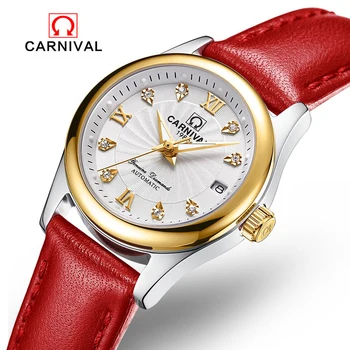 Бренд CARNIVAL Механические часы для женщин, женские Роскошные Кожаные Деловые Автоматические наручные часы, Водонепроницаемые, со светящимся сапфиром Reloj