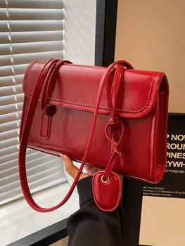 Модные красные сумки через плечо для женщин, модная текстурированная однотонная сумка Осень-зима, универсальная женская сумка подмышками
