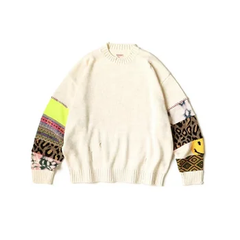 Мужские свитера KAPITAL, японский осенний рукав с дырочками, круглый вырез, вышитый счастливым узором, Вязаные пуловеры с круглым вырезом.
