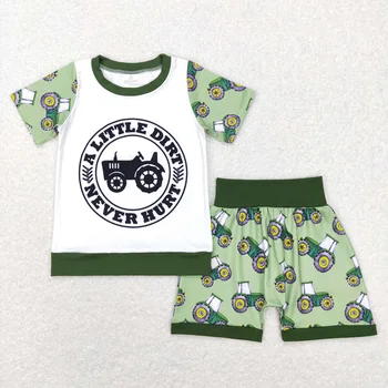 Оптовая продажа Детской хлопчатобумажной футболки с короткими рукавами, зеленых шорт с принтом фермы для малышей, детской одежды, летнего комплекта для мальчиков