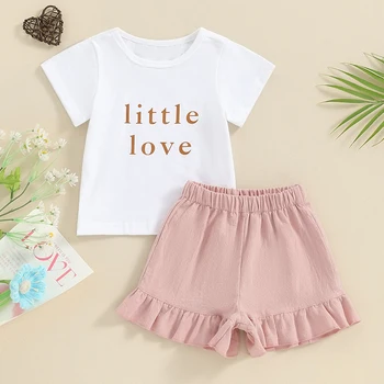 Летняя одежда для маленьких мальчиков и девочек из 2 предметов, футболка Little Love с коротким рукавом, топ, Шорты из цельного хлопка, Комплект повседневной одежды для младенцев