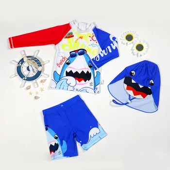 Pantalones cortos de manga larga para niños empalmados Shark Split bañador protector solar secado rápido 2 piezas