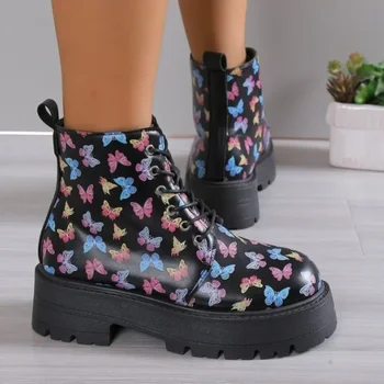 Женские ботинки, осень-зима 2023, Новая женская обувь с принтом бабочки, Модные мотоциклетные ботинки на платформе со шнуровкой, Zapatos De Mujer