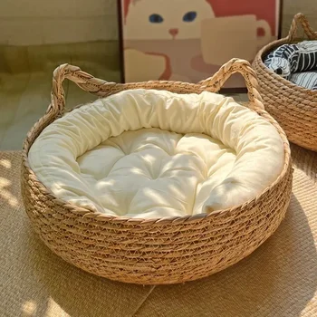 Плетеная круглая кошачья кровать ручной работы, моющаяся корзинка для котенка, Домик-гнездо для собаки, плетеный лист рогоза с мягкой подушкой