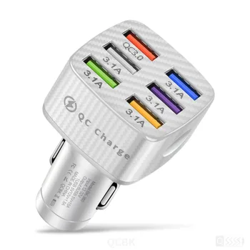 Белое автомобильное зарядное устройство на 15 А, 6 USB, Пористый светящийся адаптер для быстрой зарядки телефона QC3.0 мощностью 75 Вт со светодиодным дисплеем, прикуриватель для сигарет